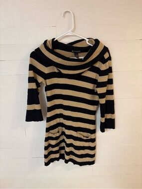 INC International Concepts Metallic Gold Black Striped Mini Sweater Dress L
